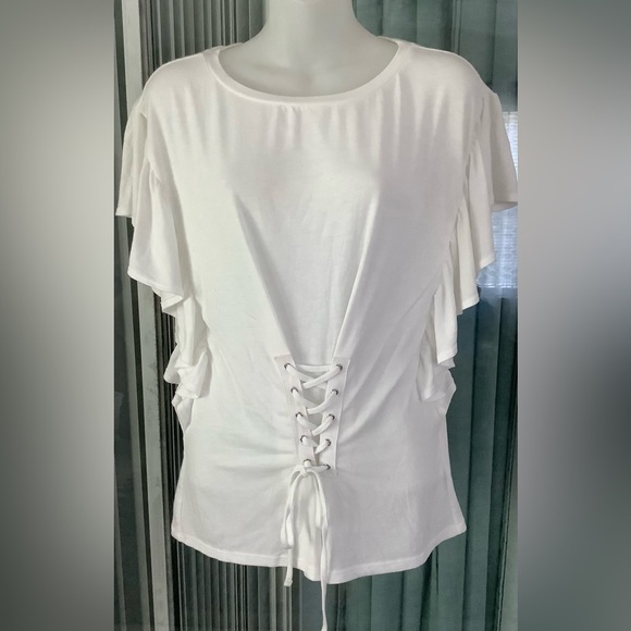 Express White Flutter Short Sleeve Lace Up Modal Top - Picture 1 of 4